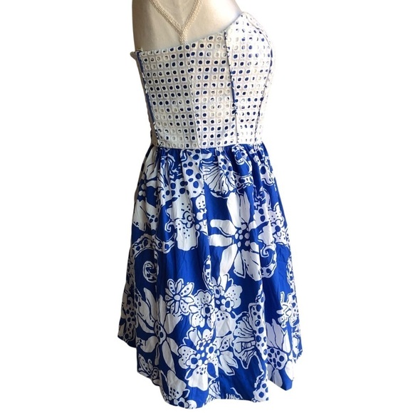Lily Pulitzer Ferris Dress Strapless White Grid Eyelet Blue Mini Size 4 - Picture 4 of 13